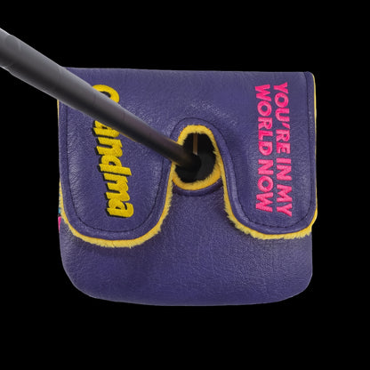 Rewind Golf x Happy Gilmore official In My World Now Grandma purple, pink, and yellow center shafted XL mallet golf headcover.