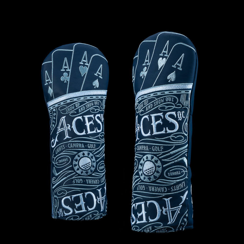 SWAG Golf x 4Aces official navy and white fairway wood golf headcover with four aces and card themed design.