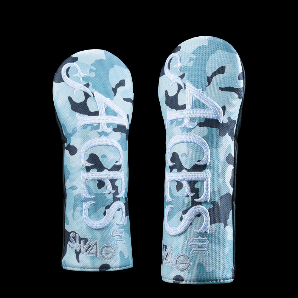 SWAG Golf x 4Aces official blue camouflage fairway golf club headcover with 4Aces logo branding on a black background.