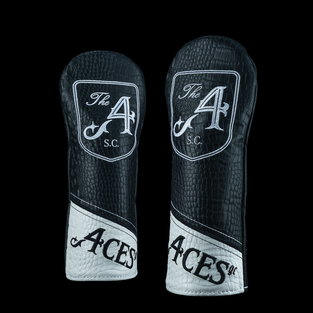 SWAG Golf x 4Aces official social club themed fairway wood golf headcover with black and white faux croc material.