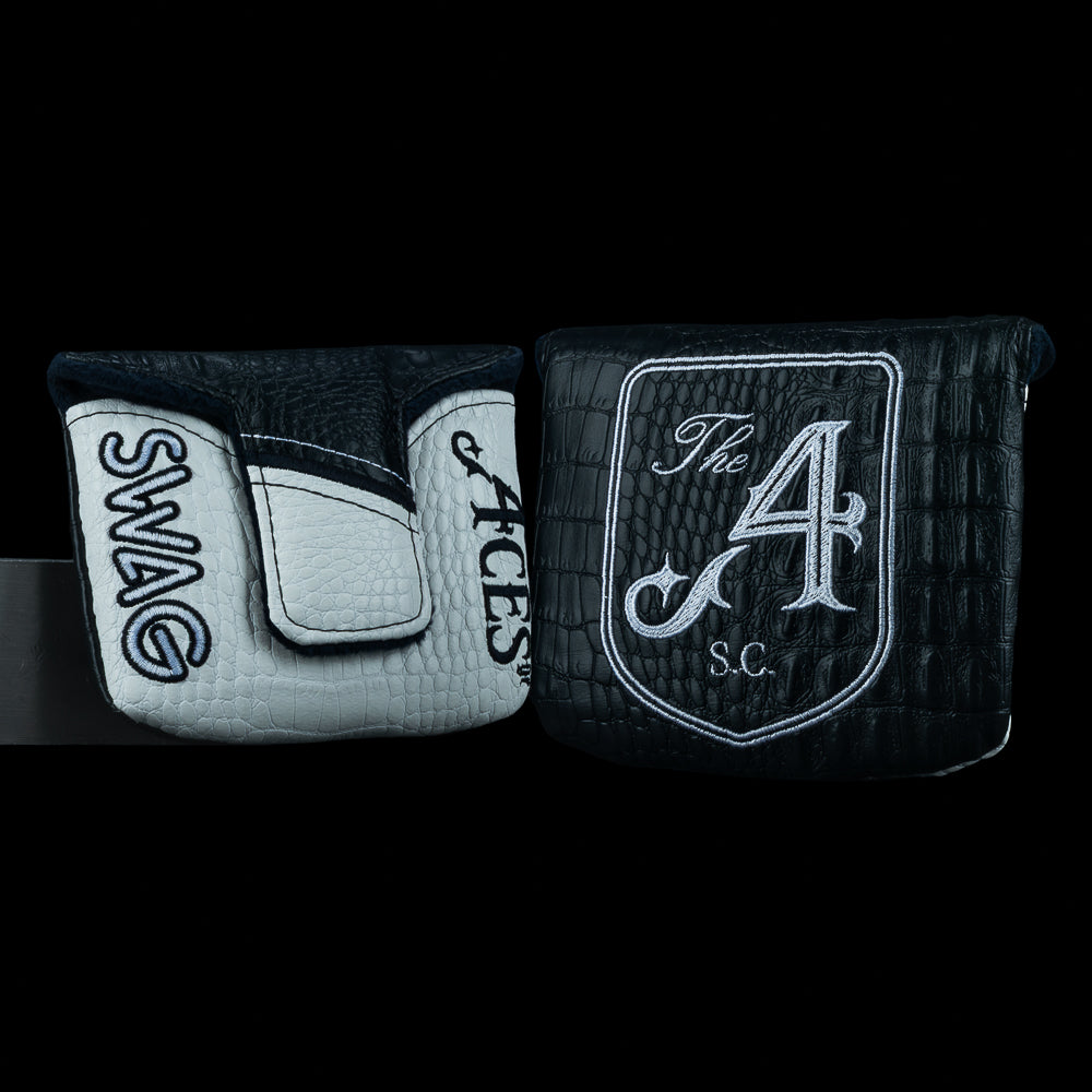 SWAG Golf x 4Aces official social club themed mallet golf headcover with black and white faux croc material.