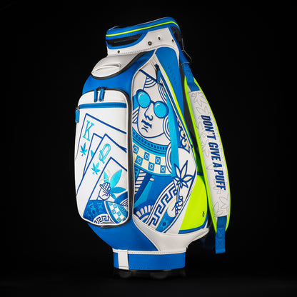 SWAG Golf x Vessel golf staff bag with 420 Royal Highness theme and blueberry kush colorway.
