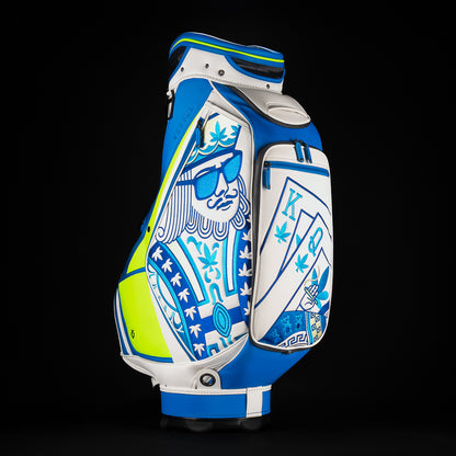 SWAG Golf x Vessel golf staff bag with 420 Royal Highness theme and blueberry kush colorway.