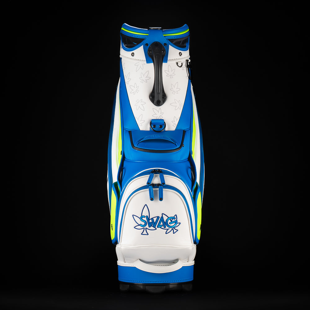 SWAG Golf x Vessel golf staff bag with 420 Royal Highness theme and blueberry kush colorway.