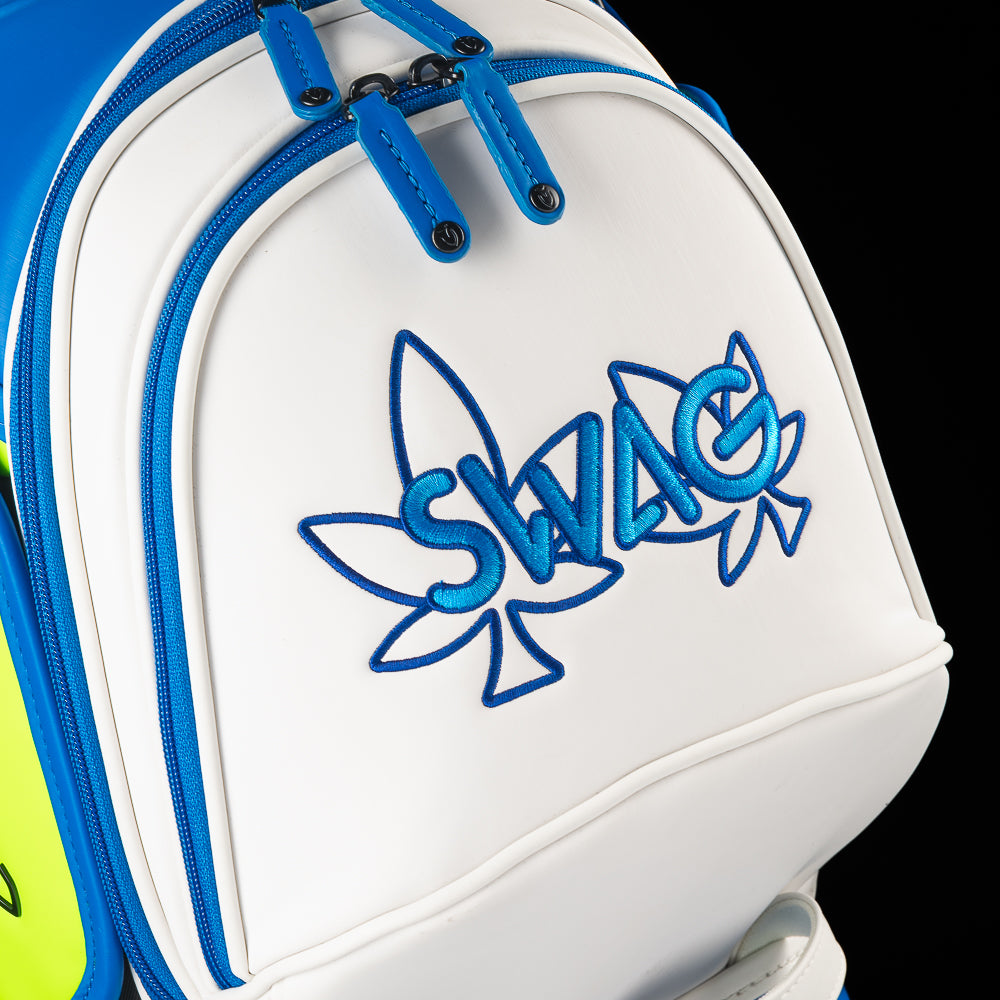 SWAG Golf x Vessel golf staff bag with 420 Royal Highness theme and blueberry kush colorway.
