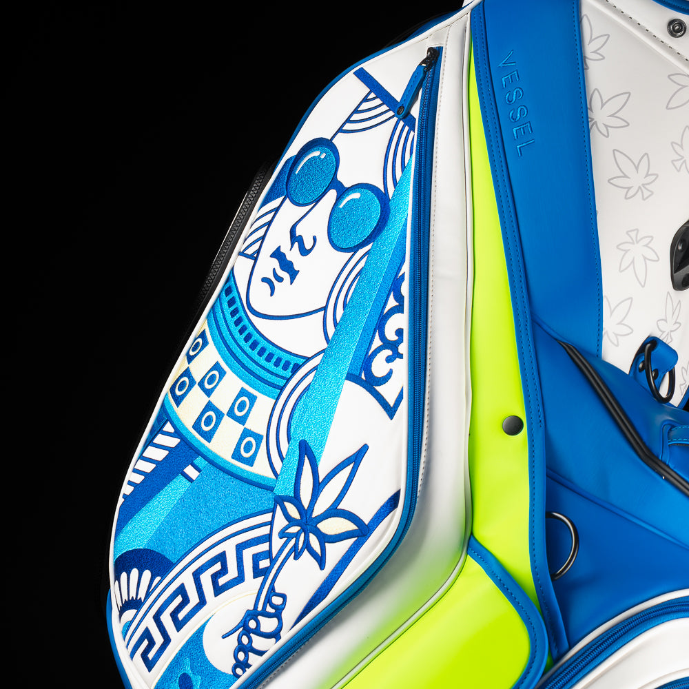 SWAG Golf x Vessel golf staff bag with 420 Royal Highness theme and blueberry kush colorway.