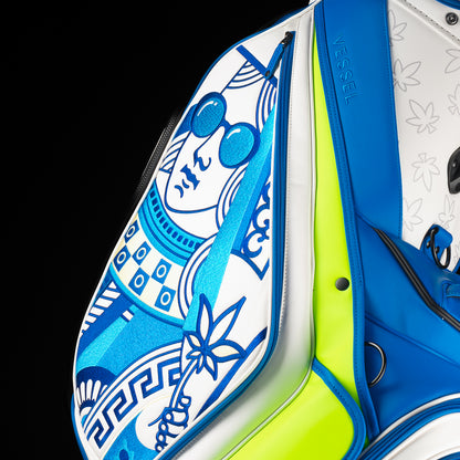 SWAG Golf x Vessel golf staff bag with 420 Royal Highness theme and blueberry kush colorway.