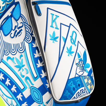SWAG Golf x Vessel golf staff bag with 420 Royal Highness theme and blueberry kush colorway.