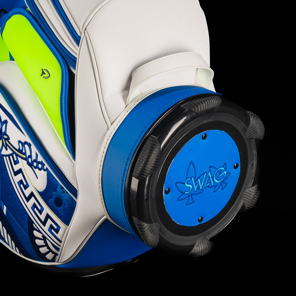 SWAG Golf x Vessel golf staff bag with 420 Royal Highness theme and blueberry kush colorway.