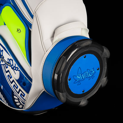 SWAG Golf x Vessel golf staff bag with 420 Royal Highness theme and blueberry kush colorway.