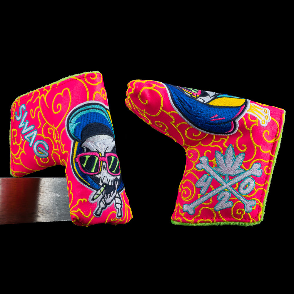 SWAG Golf Grim Reefer neon pink and yellow blade golf headcover with 20 theme.