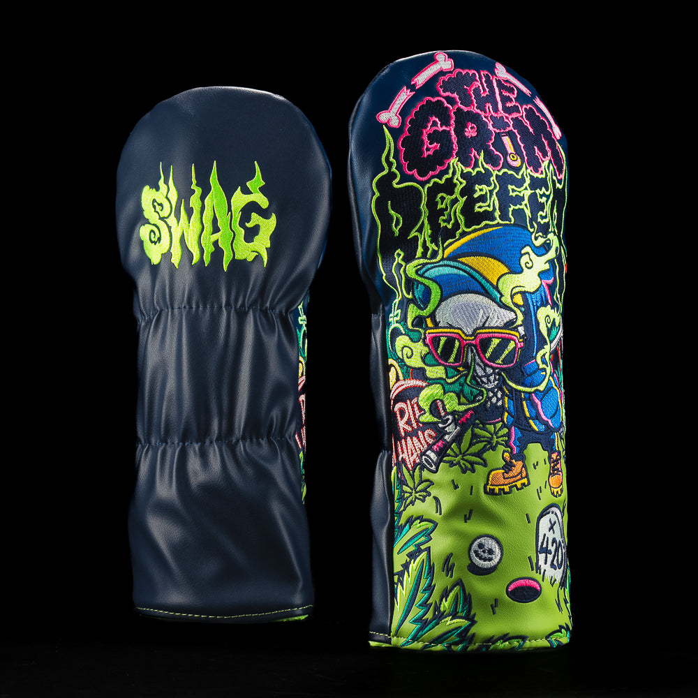 SWAG Golf The Grim Reefer 420 themed driver golf headcover with navy, green, and pink colors.