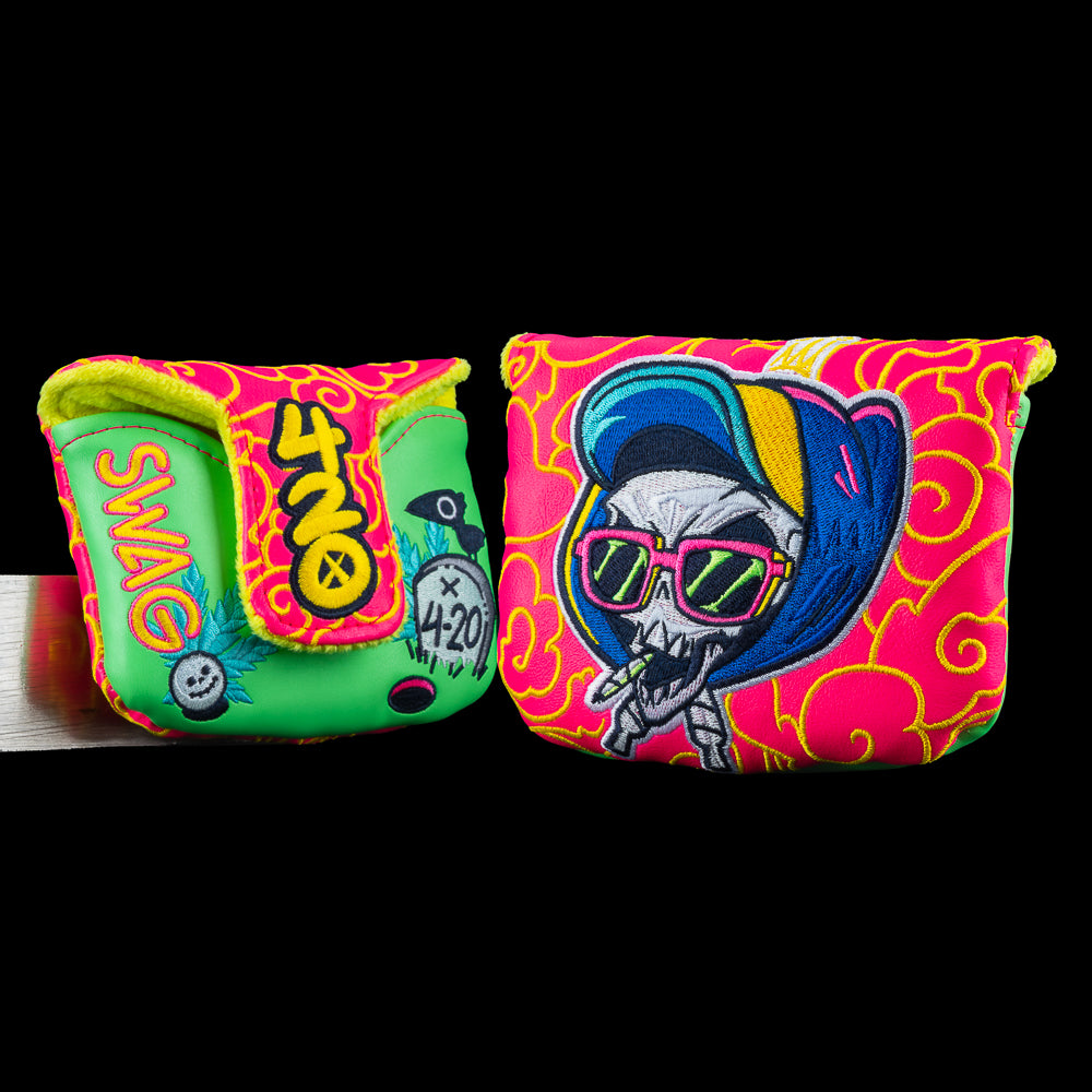 SWAG Golf Grim Reefer neon pink and green 420 themed mallet golf headcover.