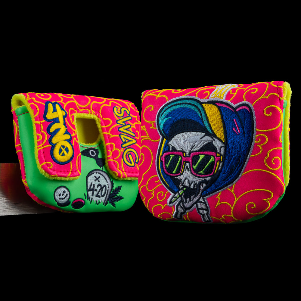 SWAG Golf Grim Reefer neon pink and green 420 themed center shafted mallet golf headcover.