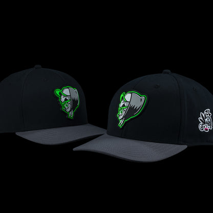 SWAG Golf Grim Reefer themed black and grey 6-panel snapback hat with 420 themed rubber patch and side embroidery.