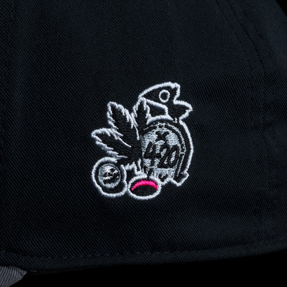 SWAG Golf Grim Reefer themed black and grey 6-panel snapback hat with 420 themed rubber patch and side embroidery.