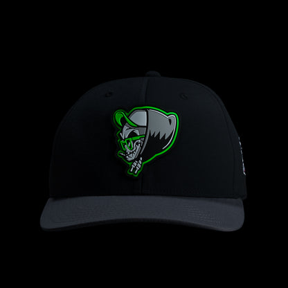 SWAG Golf Grim Reefer themed black and grey 6-panel snapback hat with 420 themed rubber patch and side embroidery.