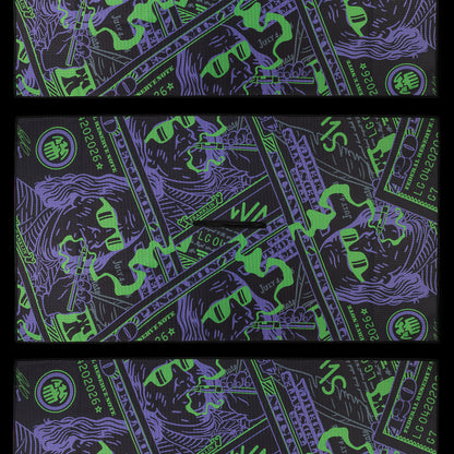 SWAG Golf Penjamin Franklin 420 dollar bill themed black, purple, and neon green golf towel.