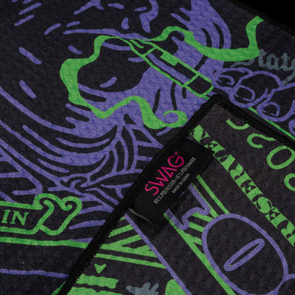 SWAG Golf Penjamin Franklin 420 dollar bill themed black, purple, and neon green golf towel.