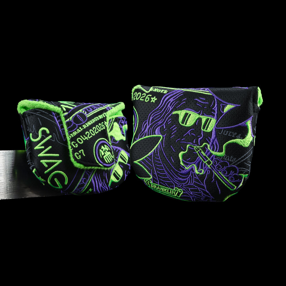 SWAG Golf Penjamin Franklin mid mallet golf headcover with black, purple, and neon green 420 dollar bill theme.