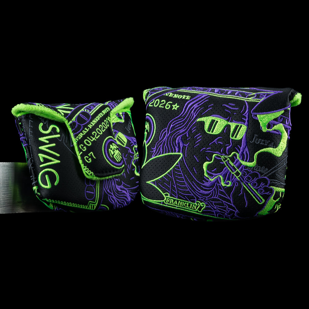 SWAG Golf Penjamin Franklin 420 dollar billed themed mallet golf headcover with black, purple, and neon green design.