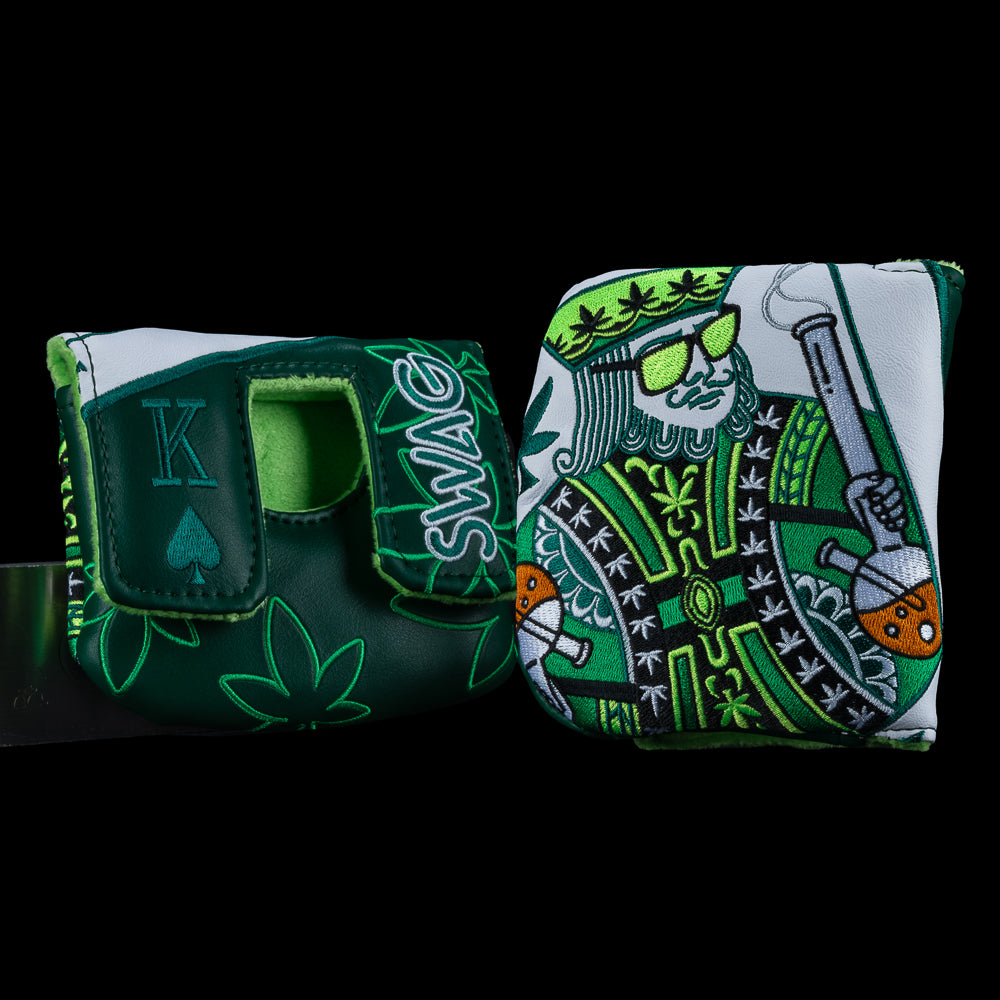 SWAG Golf original Royal Highness King colorway green and white center shafted 420 themed mallet golf headcover.