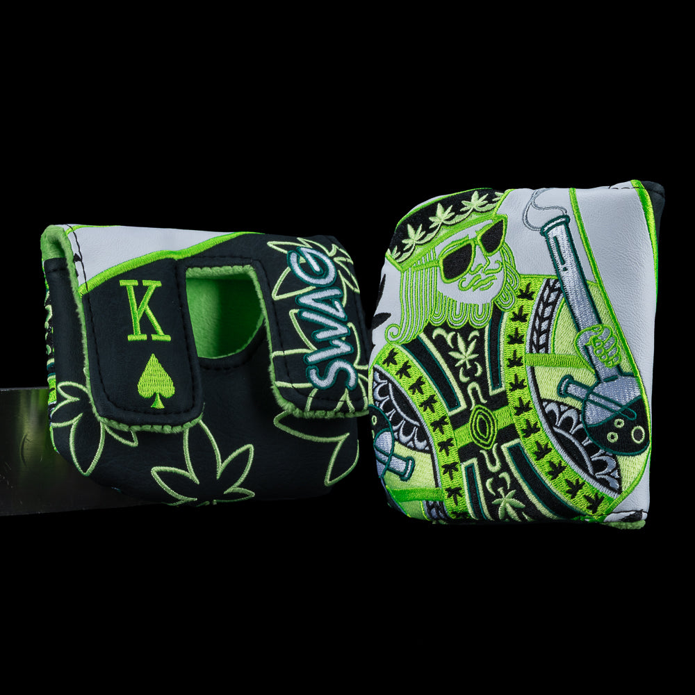 SWAG Golf Royal Highness 2.0 black, white and neon green king 420 themed center shafted mallet golf headcover.