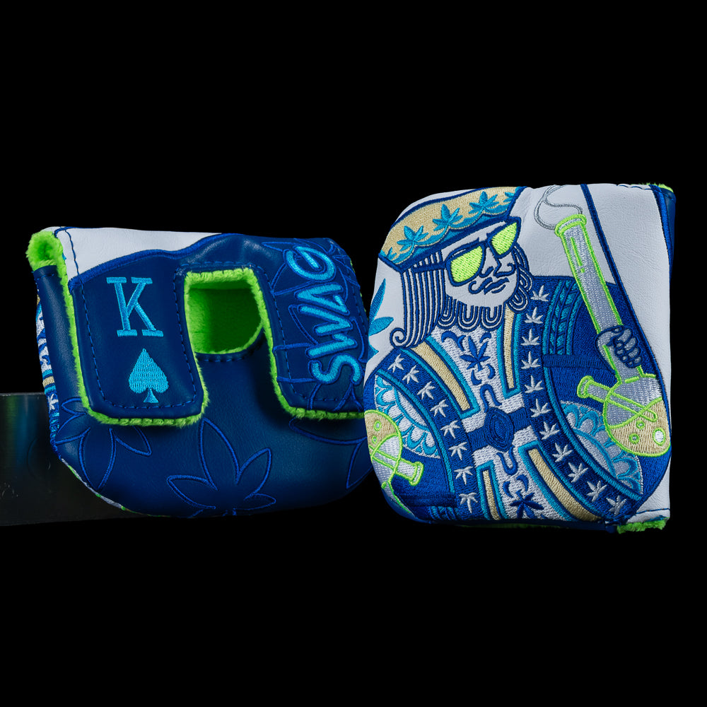 SWAG Golf Royal Highness blue, white, and neon green king card plus 420 theme center shaft mallet golf headcover.