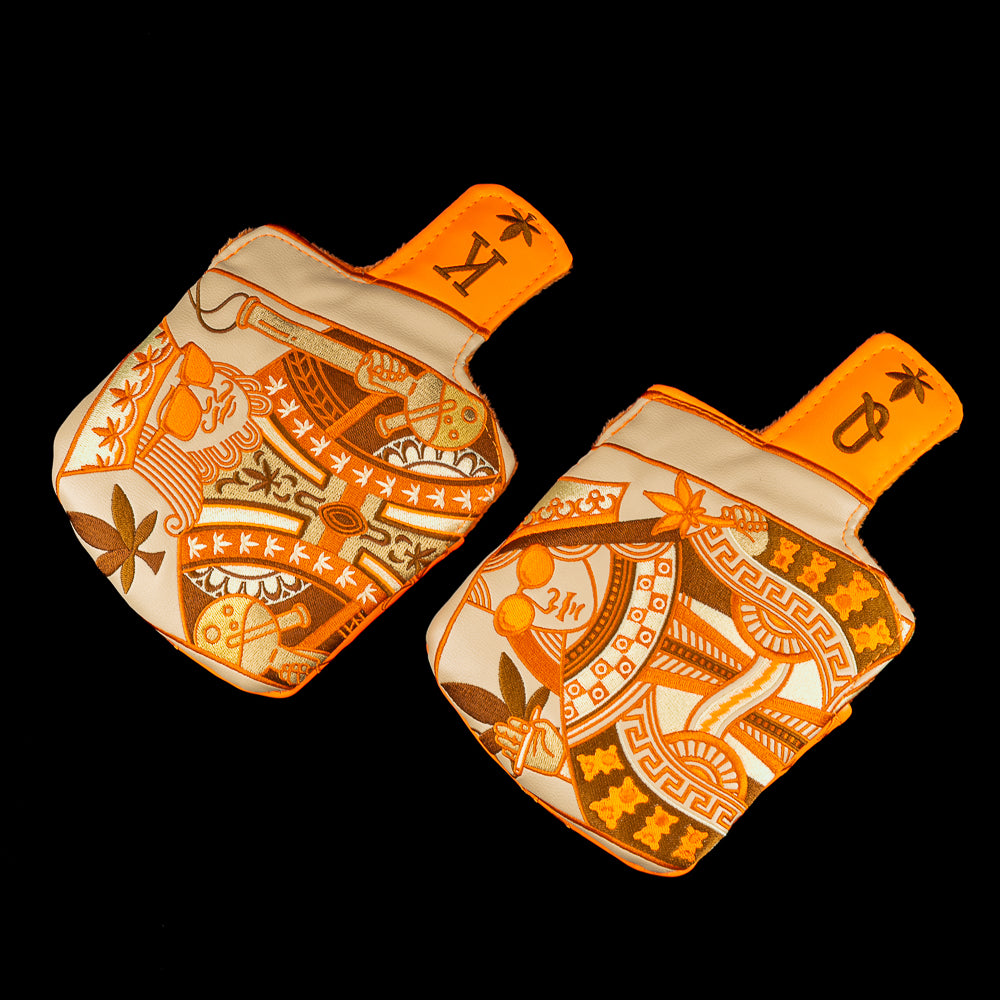 SWAG Golf Royal Highness Agent Orange mallet golf headcover set featuring one king and one queen with an orange, cream, and brown 420 themed design.