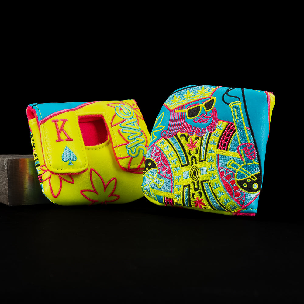 SWAG Golf Royal Highness yellow and aqua 420 themed center shaft mallet golf headcover.