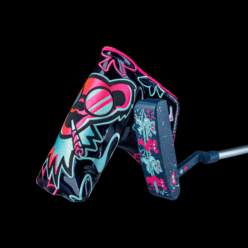 SWAG Golf Touch of Neon 2.0 Handsome One Putter featuring a splatter cerakote finish with handpainted teal and neon pink 420 bears.