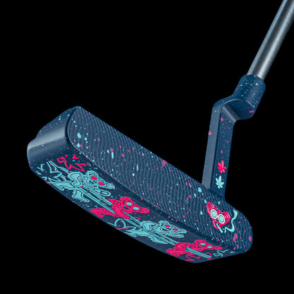 SWAG Golf Touch of Neon 2.0 Handsome One Putter featuring a splatter cerakote finish with handpainted teal and neon pink 420 bears.