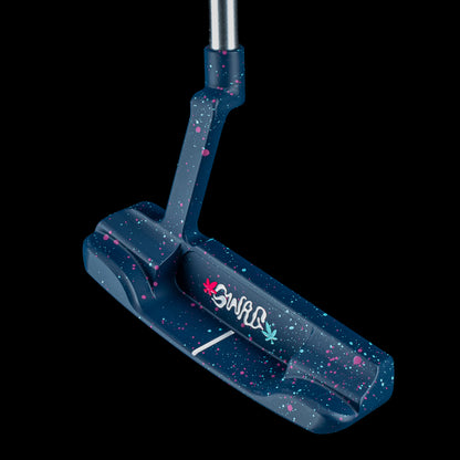 SWAG Golf Touch of Neon 2.0 Handsome One Putter featuring a splatter cerakote finish with handpainted teal and neon pink 420 bears.
