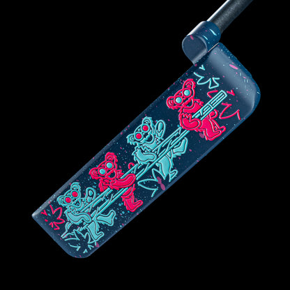SWAG Golf Touch of Neon 2.0 Handsome One Putter featuring a splatter cerakote finish with handpainted teal and neon pink 420 bears.