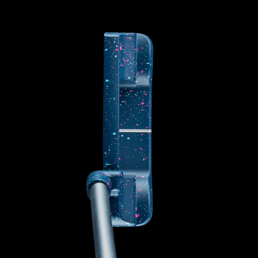 SWAG Golf Touch of Neon 2.0 Handsome One Putter featuring a splatter cerakote finish with handpainted teal and neon pink 420 bears.