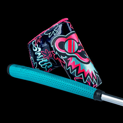 SWAG Golf Touch of Neon 2.0 Handsome One Putter featuring a splatter cerakote finish with handpainted teal and neon pink 420 bears.