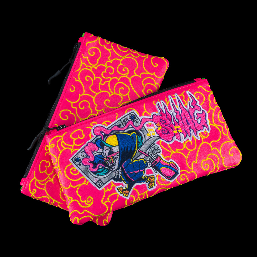 SWAG Golf Grim Reefer neon pink and yellow zippered valuables pouch with embroidered detail.