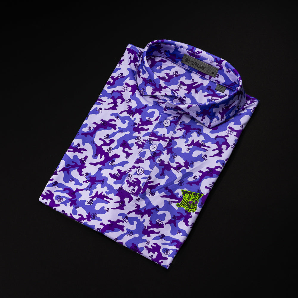 Purple camouflage G/Fore polo shirt with green royal highness on left chest.  
