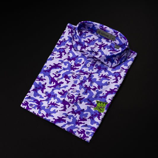 Purple camouflage G/Fore polo shirt with green royal highness on left chest.  