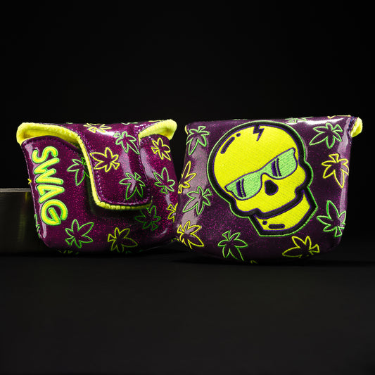 Purple Haze Skull purple with yellow and neon green putter mallet golf club head cover made in the USA.