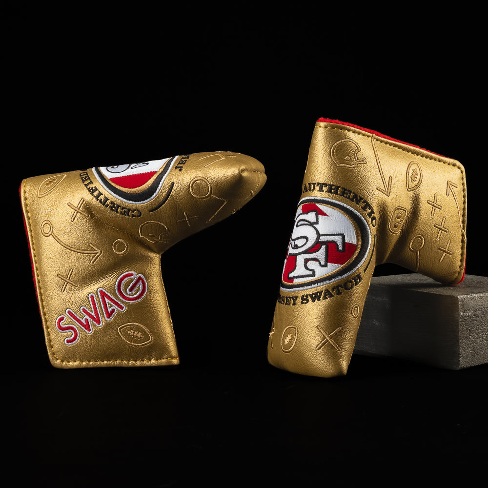 SWAG Golf x San Francisco 49ers gold and red blade golf headcover containing an authentic jersey swatch.