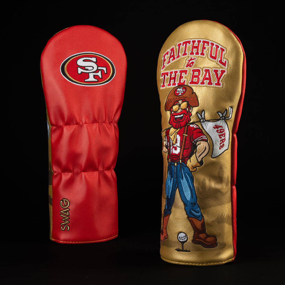 SWAG Golf x San Francisco 49ers officially licensed gold and red sourdough Sam driver golf headcover.