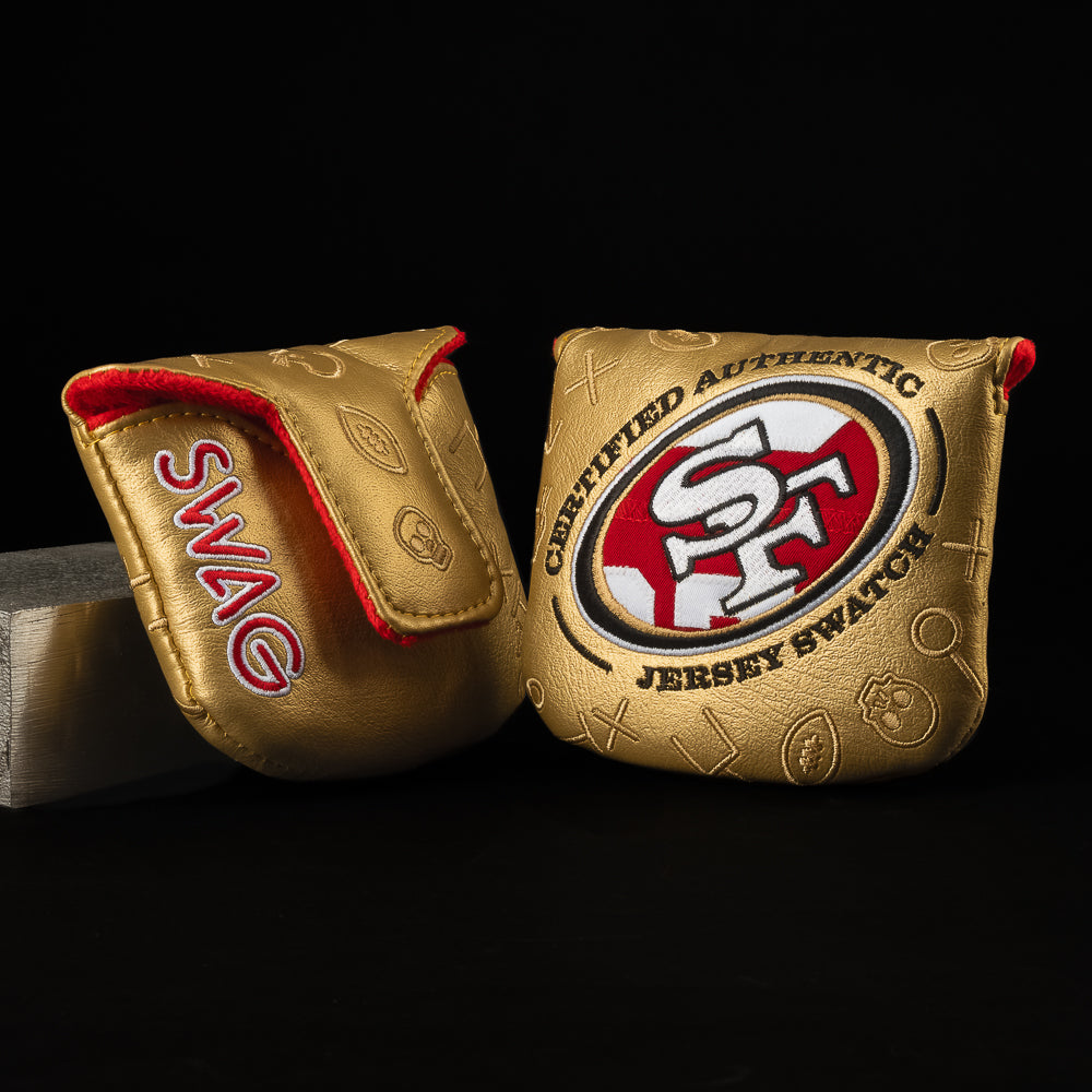 SWAG Golf x San Francisco 49ers gold and red mallet golf headcover containing authentic jersey swatch.