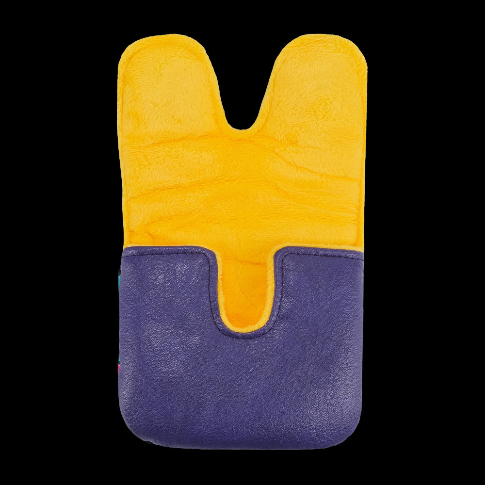 Rewind Golf x Happy Gilmore official In My World Now Grandma purple, pink, and yellow center shafted XL mallet golf headcover.