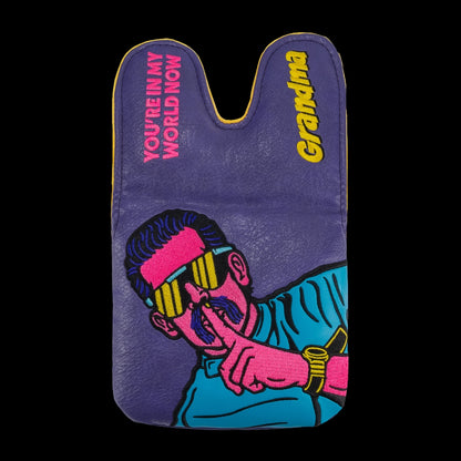Rewind Golf x Happy Gilmore official In My World Now Grandma purple, pink, and yellow center shafted XL mallet golf headcover.