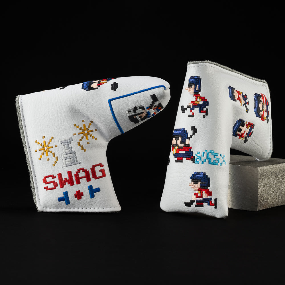 Florida 8-Bit Hockey blade putter golf headcover with animated hockey players in red, white, blue. 