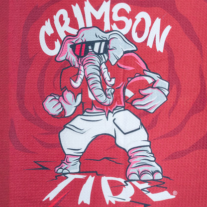 Red golf towel with University of Alabama 'Crimson Tide' and Alabama 'A' logo on a black background