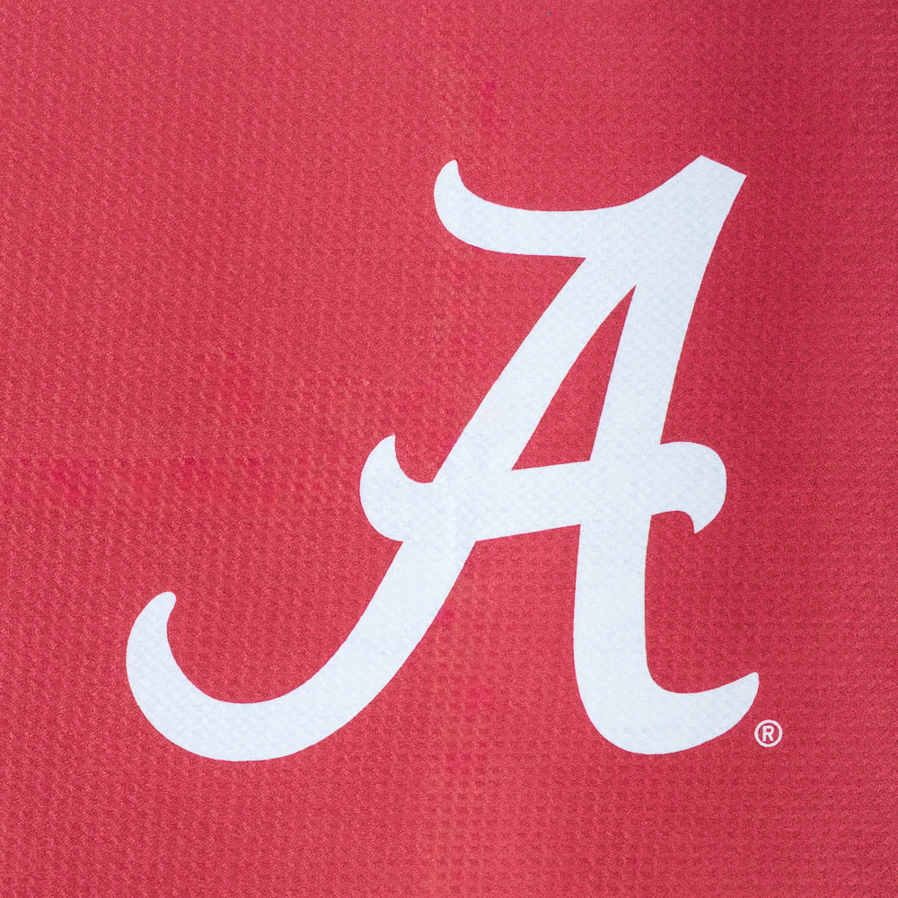 Red golf towel with University of Alabama 'Crimson Tide' and Alabama 'A' logo on a black background