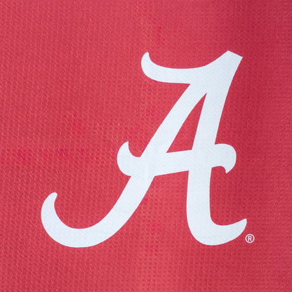 Red golf towel with University of Alabama 'Crimson Tide' and Alabama 'A' logo on a black background