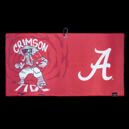 Red golf towel with University of Alabama 'Crimson Tide' and Alabama 'A' logo on a black background